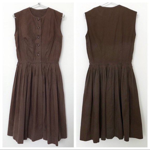 DONATED Vtg Brown Swiss Dot Dress XS - Picture 3 of 8